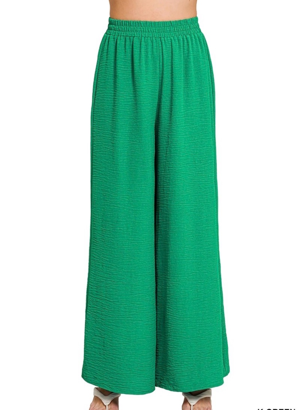 ZENANA Kelly Green Wide Leg Palazzo Pants Medium Boho Vacation Resortwear Flowy - Picture 2 of 6